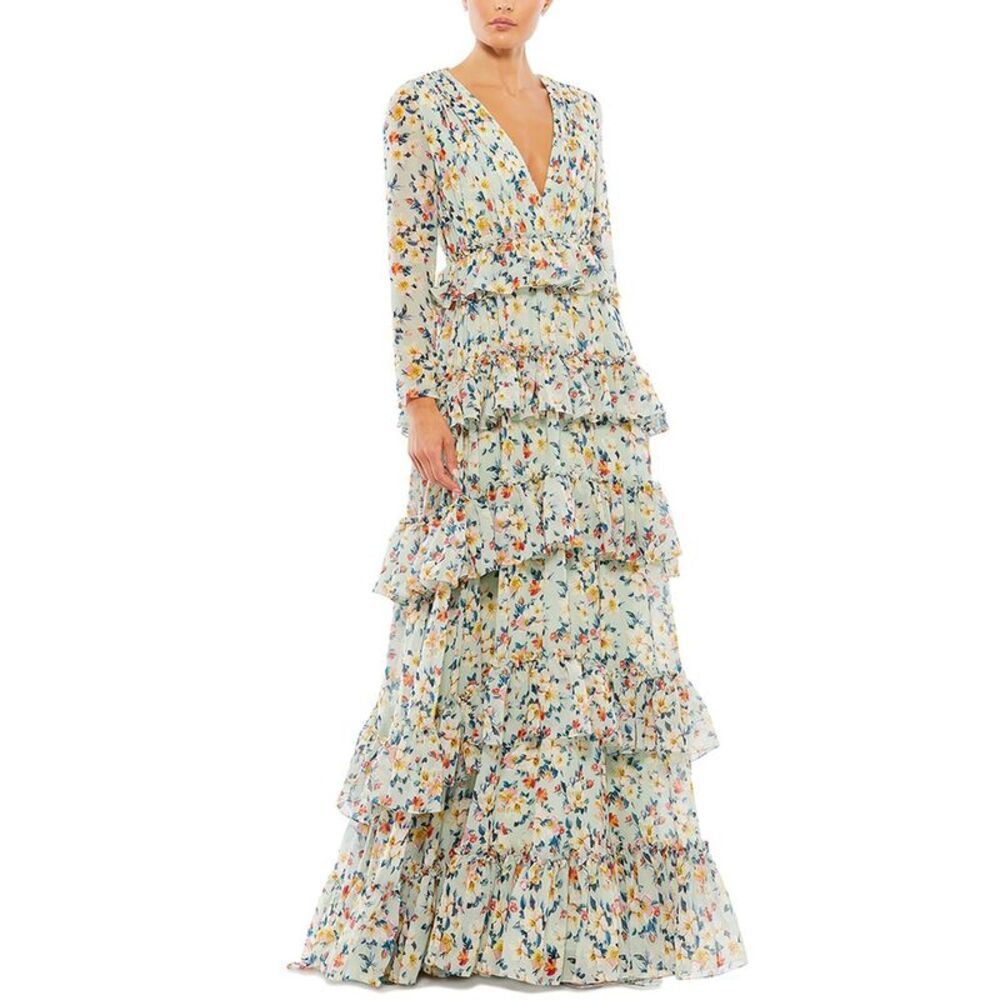Mac Duggal Floral Tiered Long Sleeve Maxi Dress in Pastel Multicolor